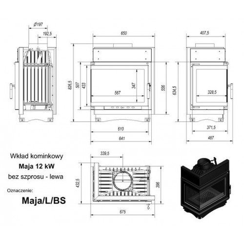 Каминная топка Kratki Maja L/BS (угловое стекло слева)