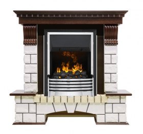Каминокомплект Pierre Luxe - Темный дуб / Белый (Высота 1050мм) с очагом Flagstaff