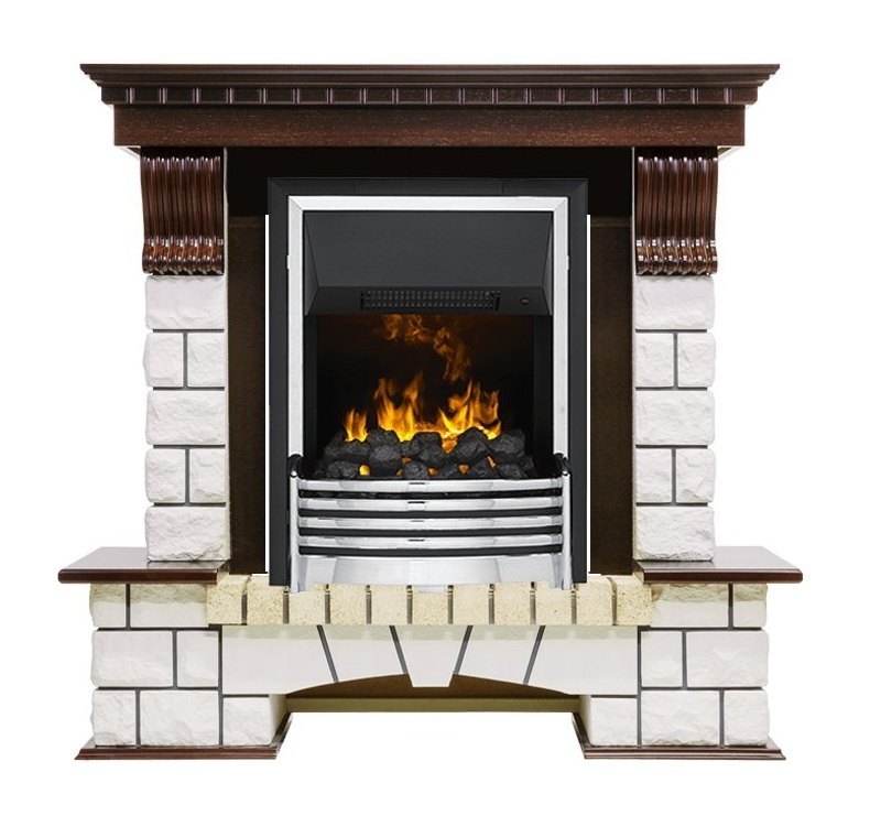 Каминокомплект Pierre Luxe - Темный дуб / Белый (Высота 1050мм) с очагом Flagstaff