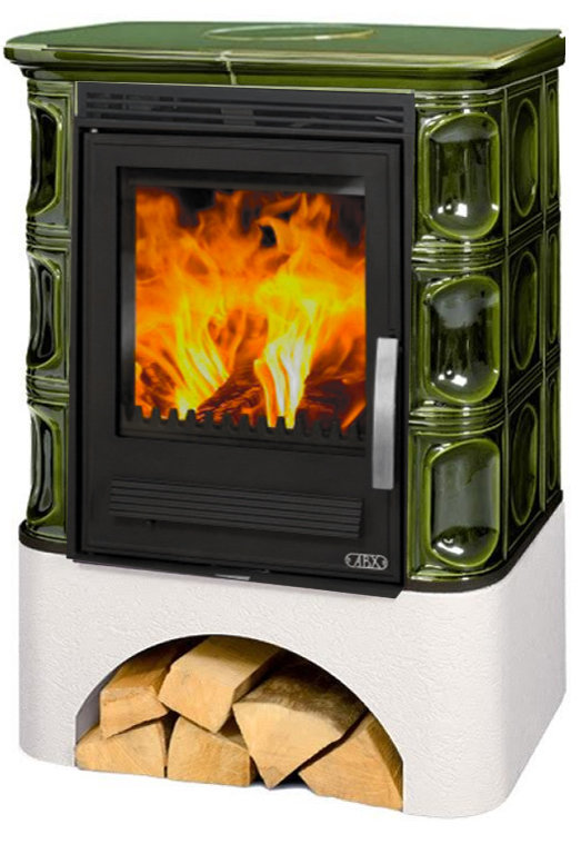 Кафельная печь-камин ABX Marina LP (Белый цоколь, каф. верх. плита, вставка Чугунная)