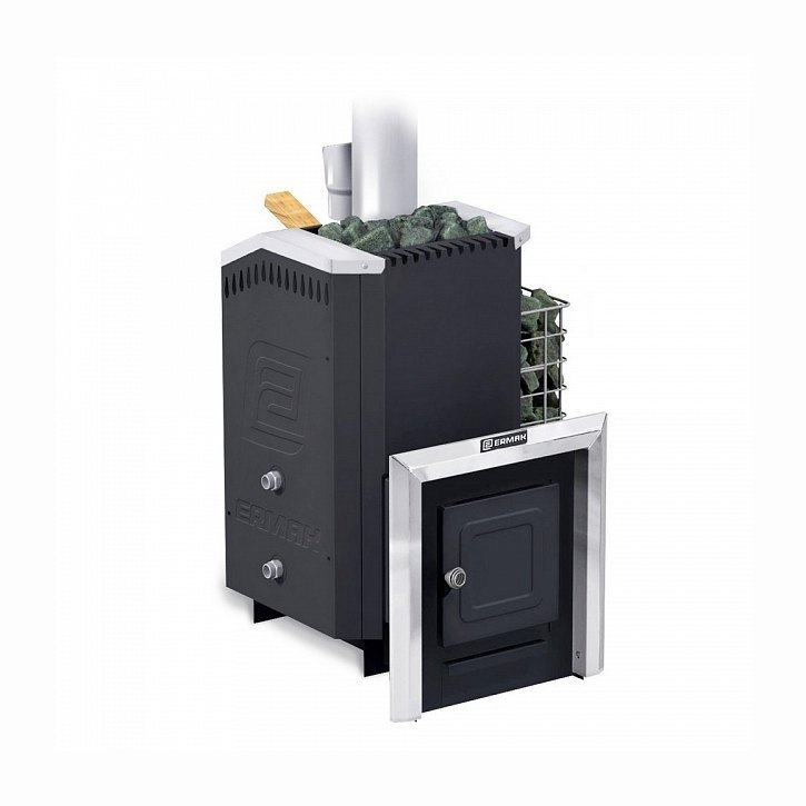 Дровяная печь для бани Ермак 16 Стандарт (Сталь) с теплобменником, сеткой-каменкой, закрытой каменкой и парообразователем