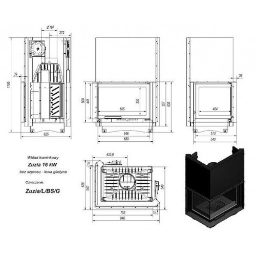 Каминная топка Kratki Zuzia L/BS/G (угловое стекло слева, гильотина)